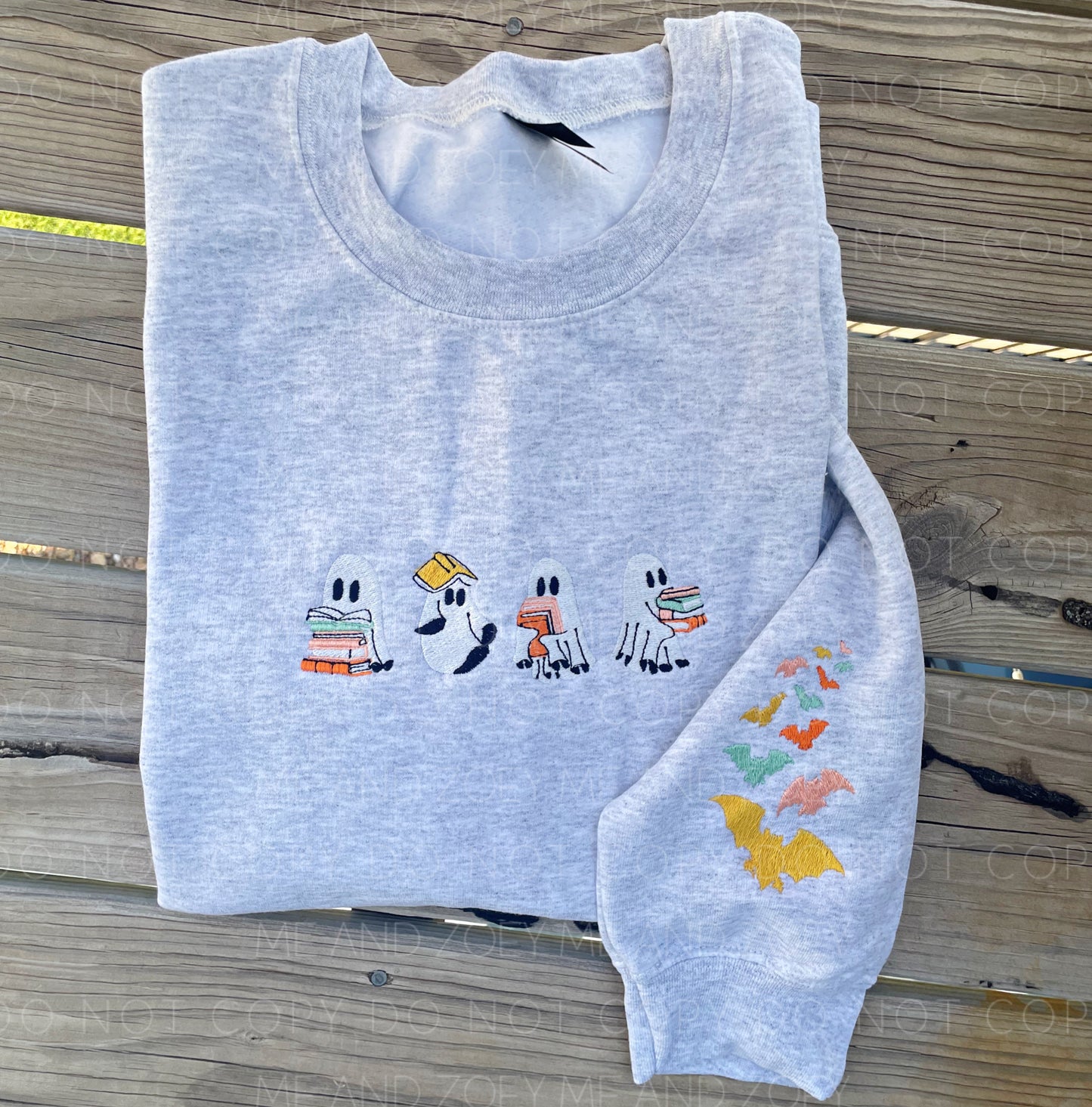 Cozy Ghost Embroidery Sweatshirt – Book Lover with Bat Sleeve Detail (SHIP 10/8)
