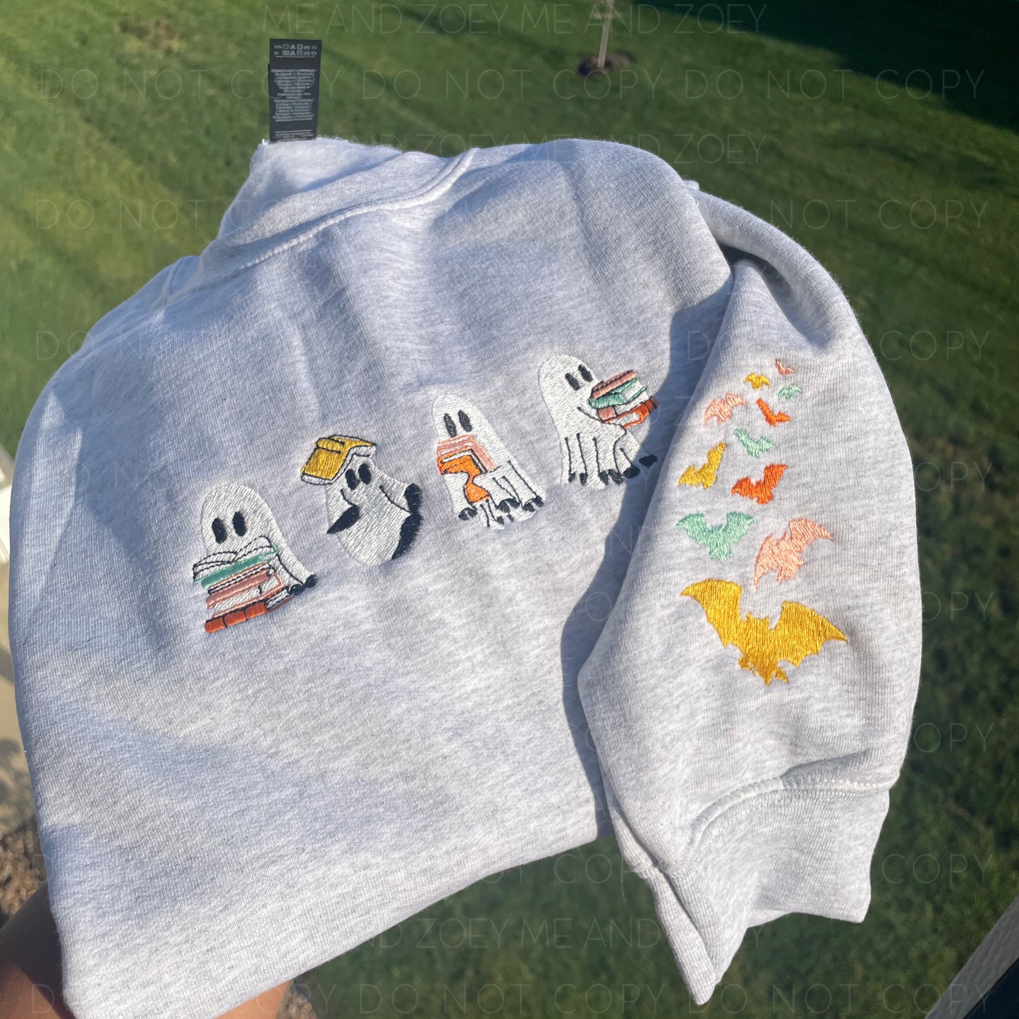 Cozy Ghost Embroidery Sweatshirt – Book Lover with Bat Sleeve Detail (SHIP 10/8)