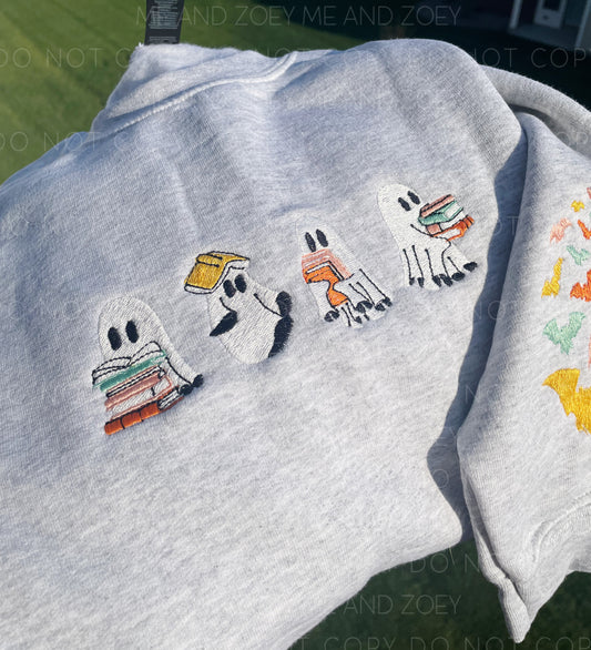 Cozy Ghost Embroidery Sweatshirt – Book Lover with Bat Sleeve Detail (SHIP 10/8)