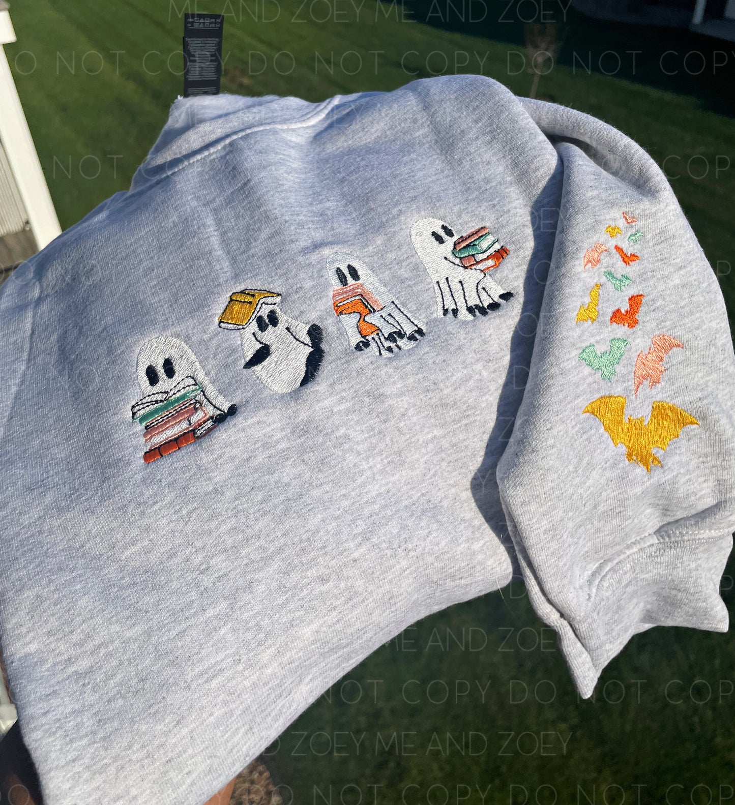 Cozy Ghost Embroidery Sweatshirt – Book Lover with Bat Sleeve Detail (SHIP 10/8)